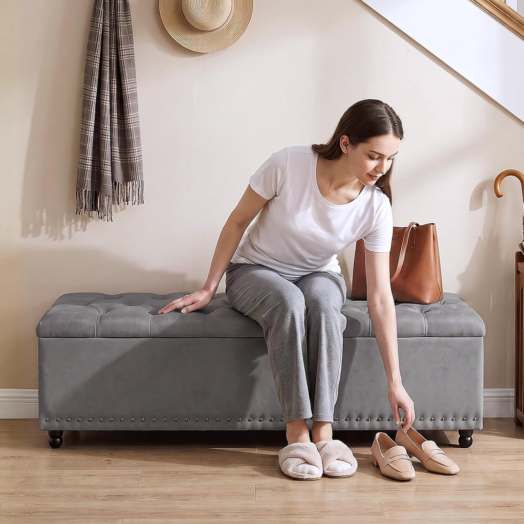 51" Storage Ottoman Bench with Wooden Legs and Soft-Close, Grey | Large End of Bed Bench with Button Tufting, Metal