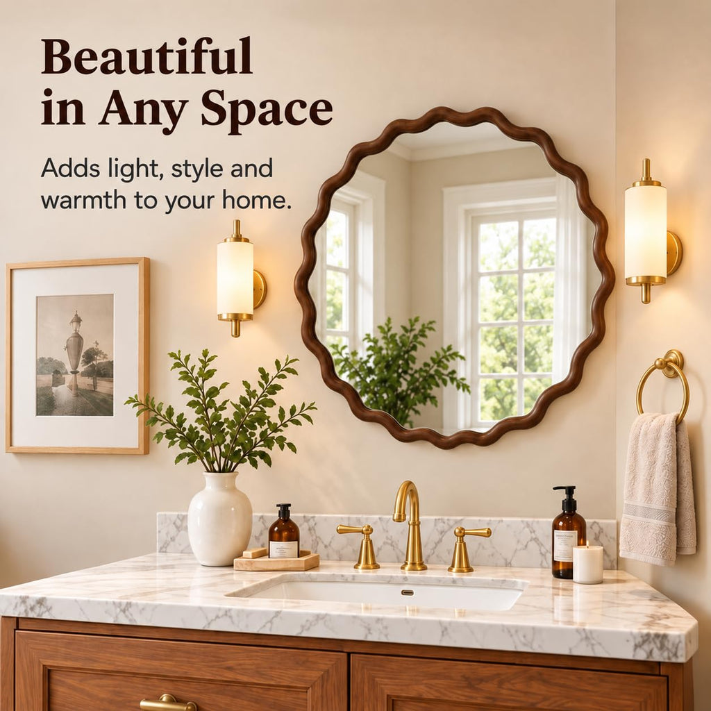 30" Walnut Wavy Round Mirror, Scalloped Wood Frame Wall Mirror