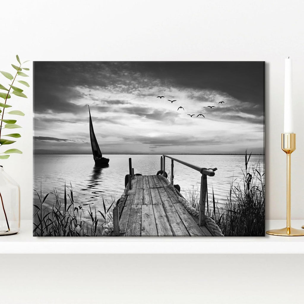 Nature Beach Landscape Wall Art Black and White Paintings Wall Decor Ocean Coastal Scenery Canvas Prints Seascape