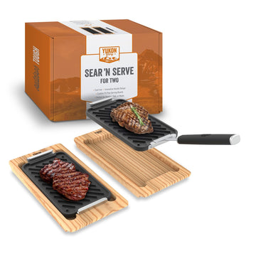 Cast Iron Grill Pan Set, 2 Pans and Wooden Serving Trays