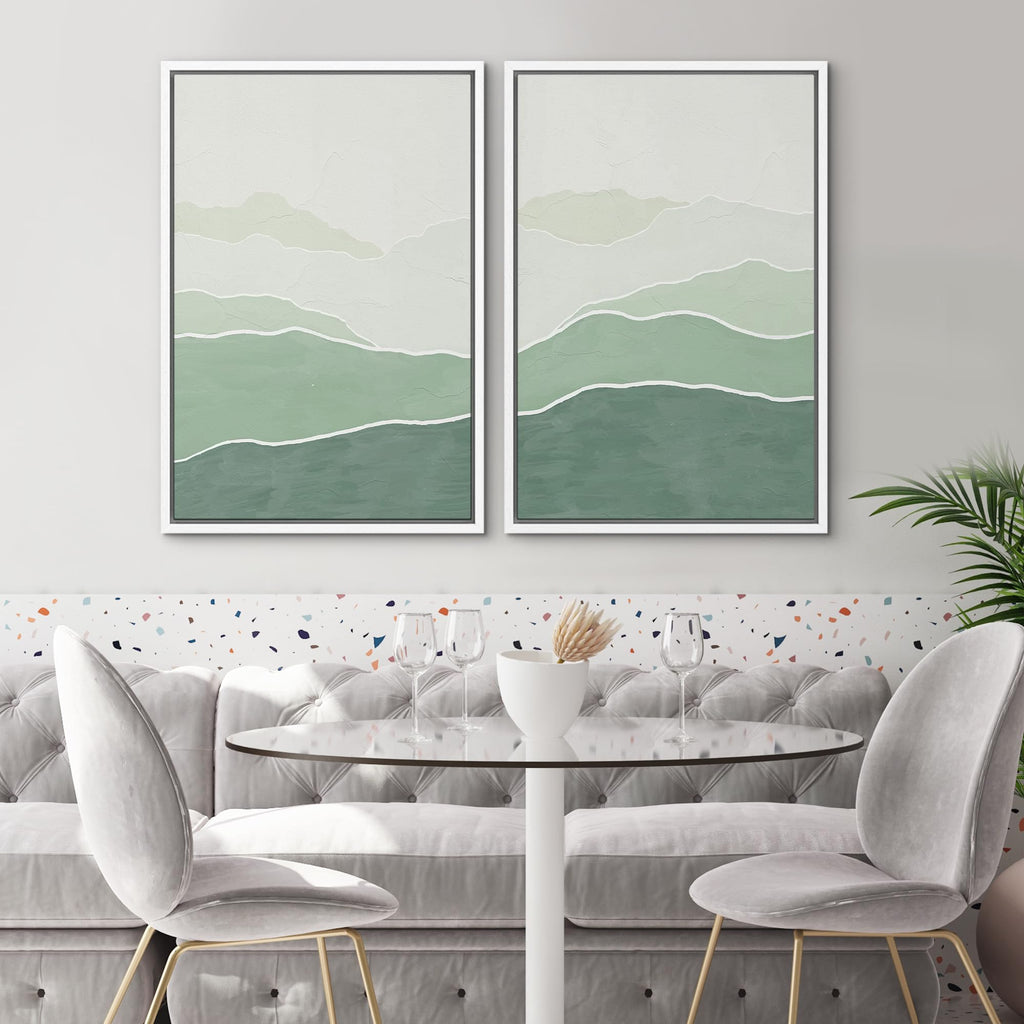 Framed Wall Art Print Set Green Gradient Wave Landscapes Abstract Shapes Illustrations Modern Art Bohemian Relax/Calm