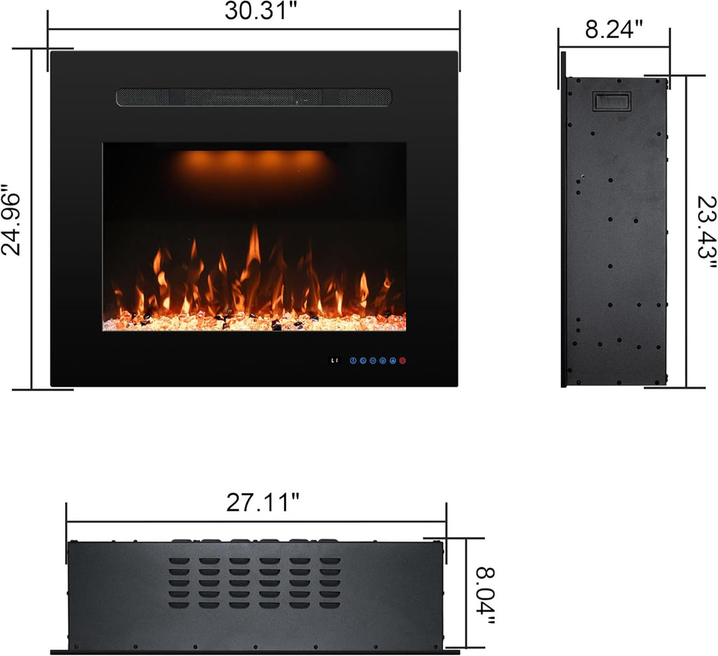 27.1" W Rear Electric Fireplace Inserts with Thermostat, Recessed Fireplace Heater with 3 Flame & Top Light Color