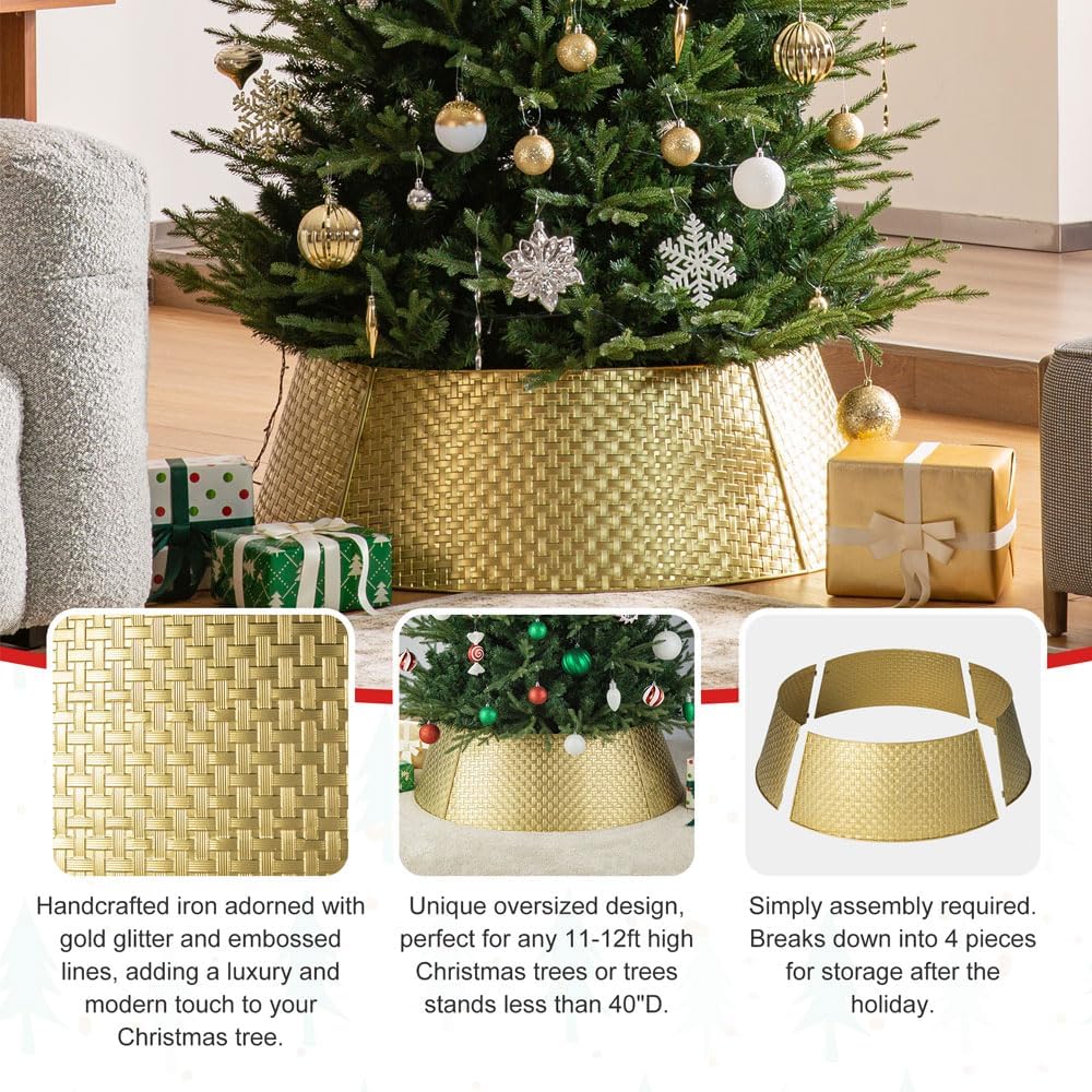 40.5" D Gold Metal Weave Tree Collar, Decorative Tree Stand Cover Tree Ring for Christmas Decor