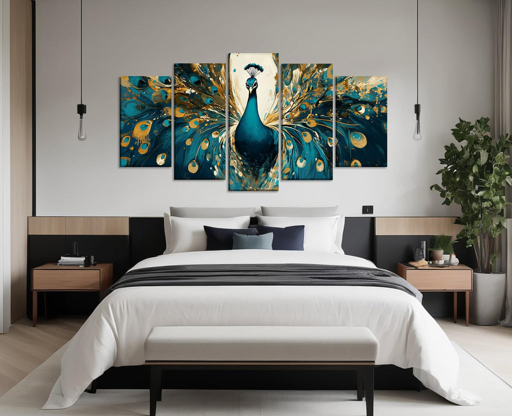 Peacock Wall Art 5 Piece Green and Gold Peacock Picture Canvas Prints Animal Painting Prints Modern Artwork Wall