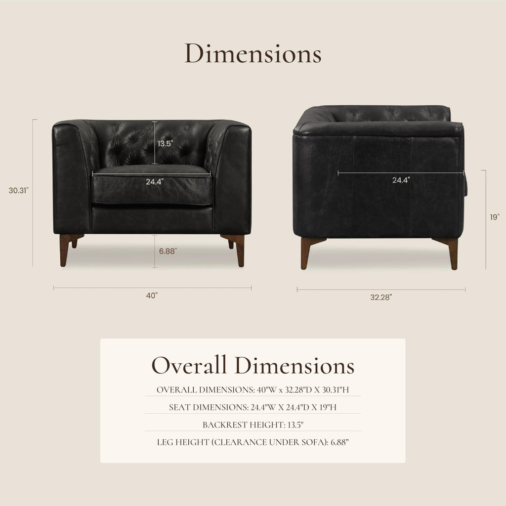 & BARK Essex 40" Lounge Chairs Set of 2 - Onyx Black Semi-Aniline Italian Leather, Tufted Back & Arms, Feather-Down