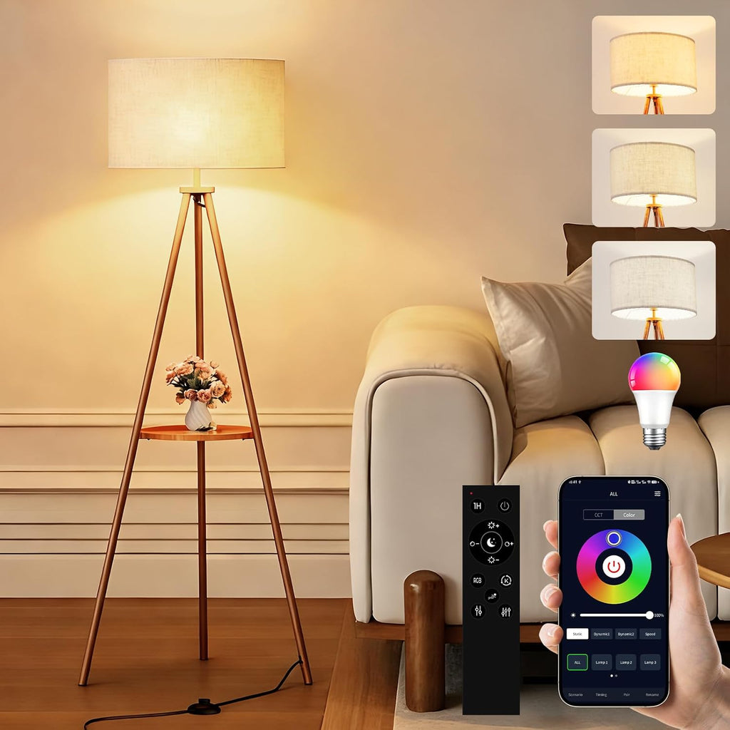 58.3" Mid-Century Tripod Floor Lamp with Shelf, Hidden Wiring, RGB Dimmable Bulb Included, Remote & 