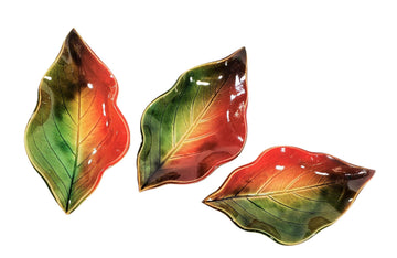 Pottery, Handmade Stoneware Hydrangea Leaf 3 Piece Dish Set or Spoon Rest In Festive Fall Colors