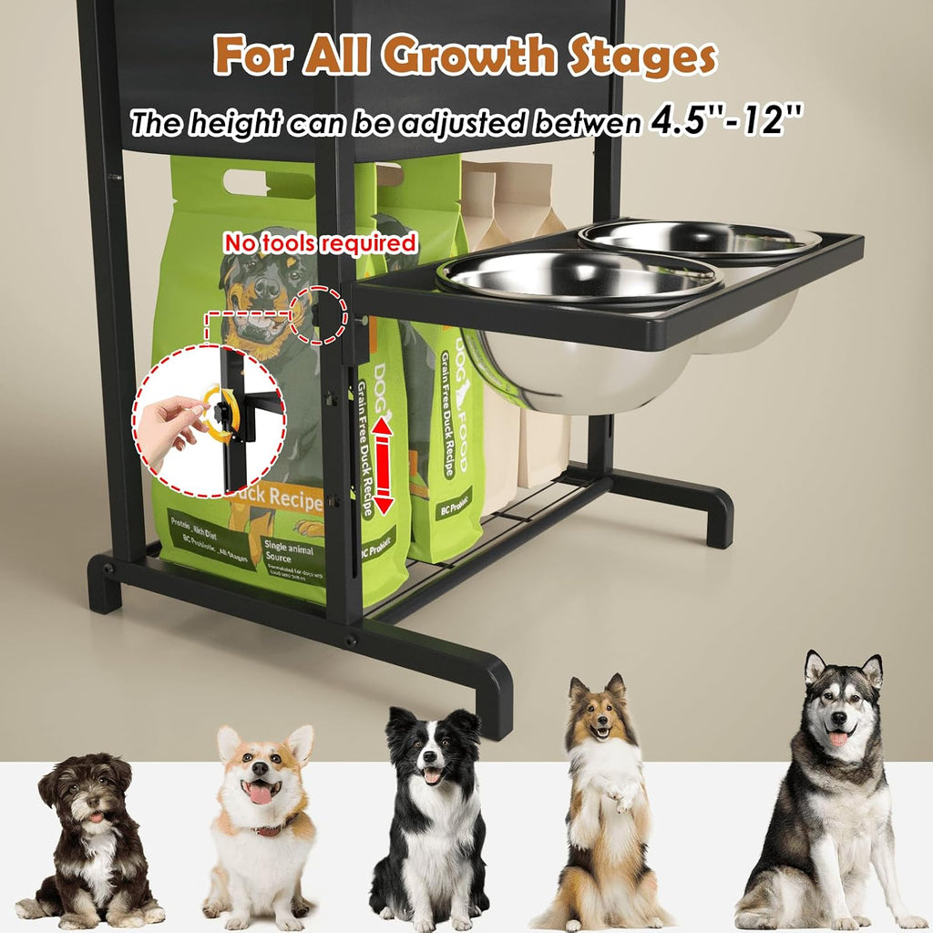 Elevated Dog Bowls: Height Adjustable Raised Dog Stand (4.5'' to 12'') 2 * 1700ml Stainless Steel Bowls + Slow