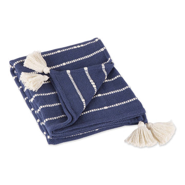Striped Throw Collection Cotton Slub, Hand-Tied Tassels, 50x70, French Blue & Off-White