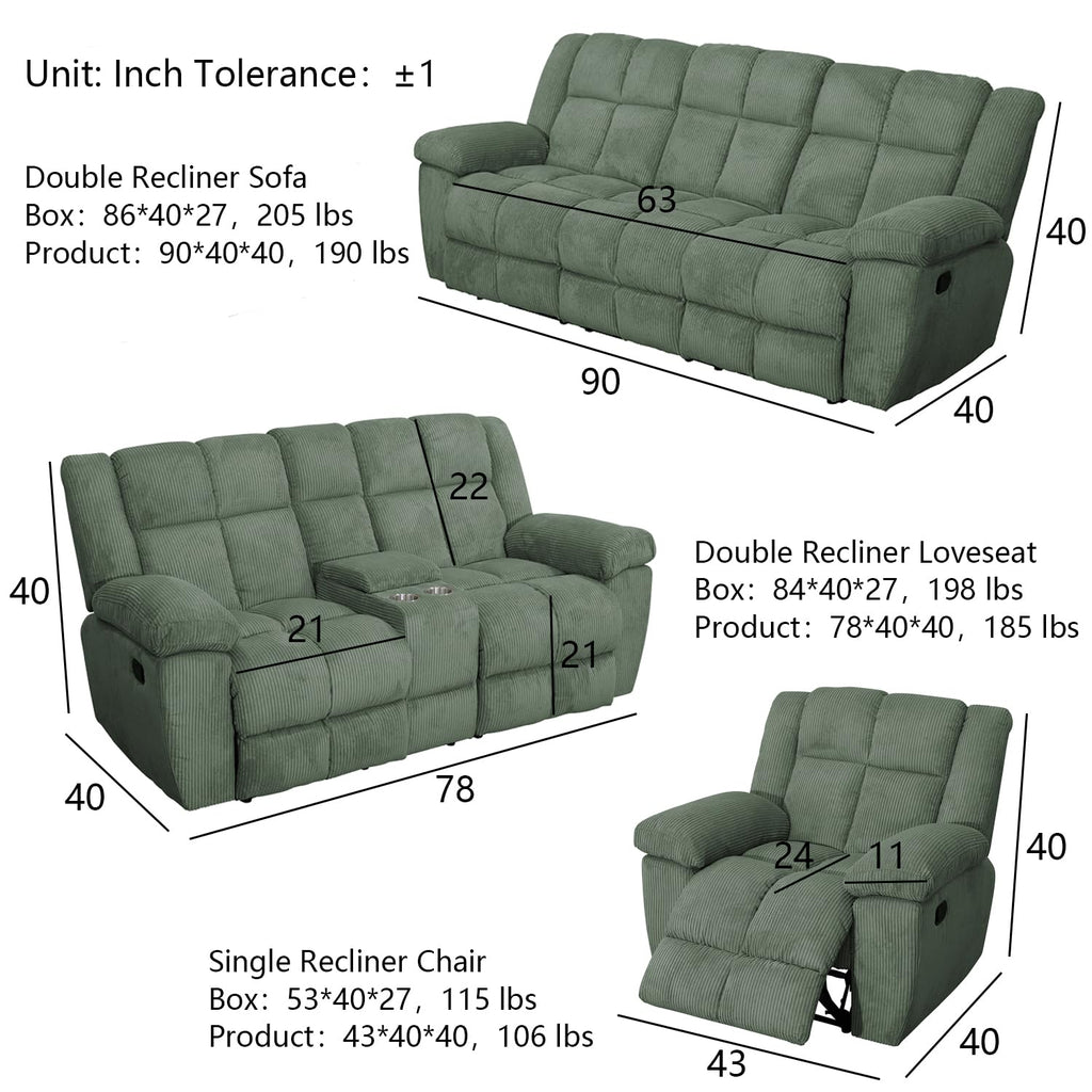 Loveseat Recliner for Reclining Living Room Furniture, Green Corduroy Reclining Loveseat Manual Breathable Fabric