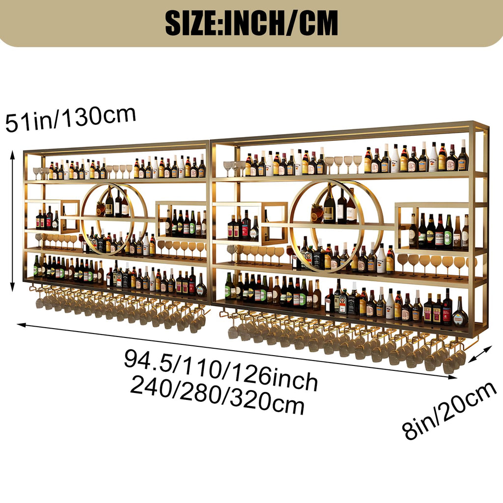 126in Large Wall Mounted Wine Rack, Modern Metal Wine Bottle and Glass Holder, 4-Tiers Liquor Bottles Floating