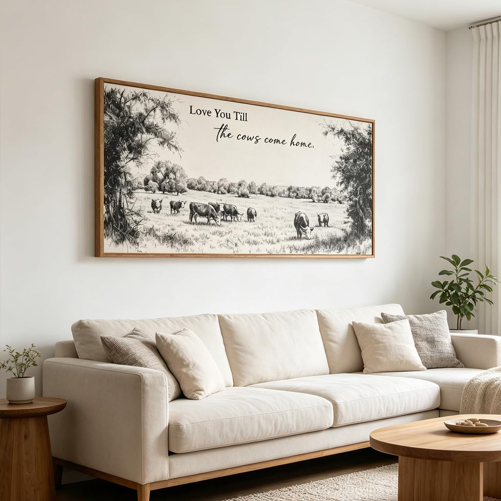 Large Framed Vintage Cow Sketch Farm Canvas Wall Art, Love U Till the Cows Come Home Quote Wall Decor for Farmhouse