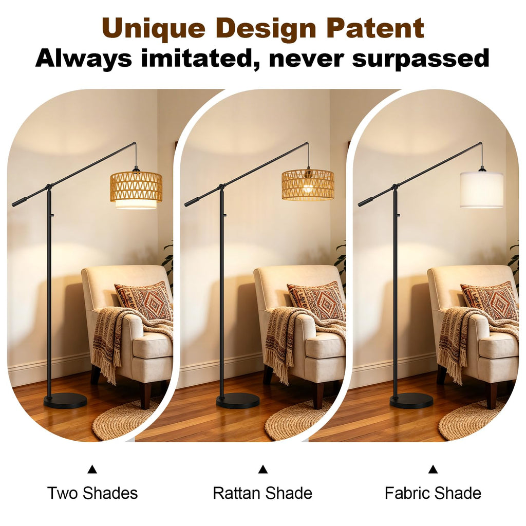 Boho Dimmable Arc Floor Lamp with Adjustable Swing Arm, Dimmer Knob, Black