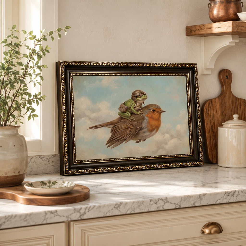 Whimsical Frog Riding Bird Framed Wall Art, Quirky Frog Print, 16x24in