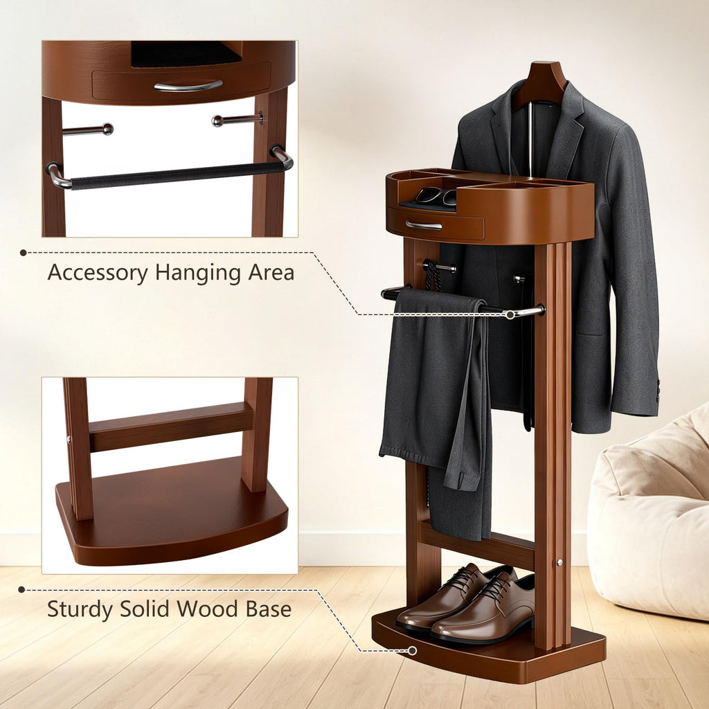 Wooden Suit Valet Stand with Drawer and Shoe Rack, Suit Stand for Men
