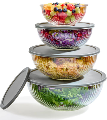 8pc Ribbed Glass Mixing Bowls with Leakproof Airtight Lids - BPA-Free Meal Prep Stackable Space Saving Nesting