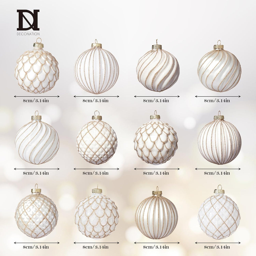 Christmas Ball Ornaments Set of 12, 3.14" White Gold Vintage