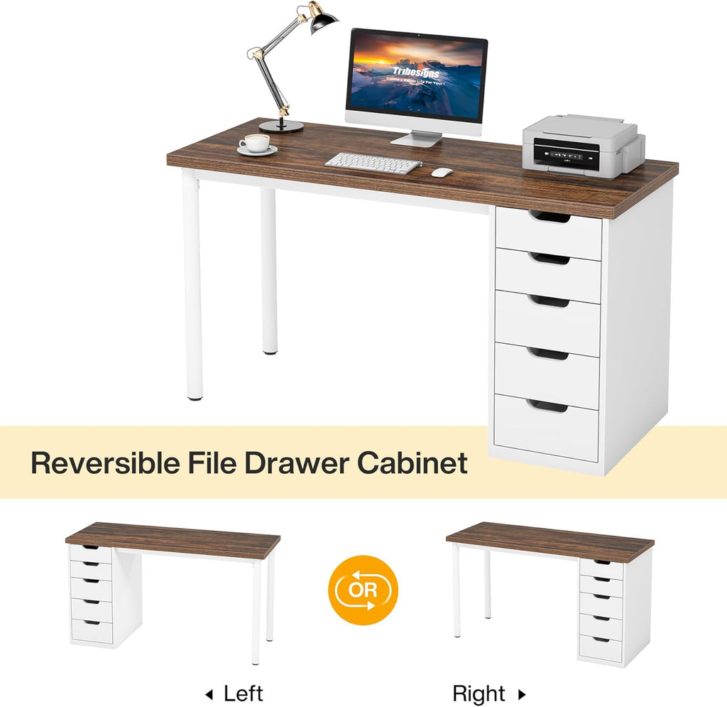 Computer Desk with 5 Drawers, 47 inches Rustic Brown Home Office Desk with Storage