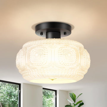 Milk Glass Semi Flush Mount Ceiling Light Fixture, Black