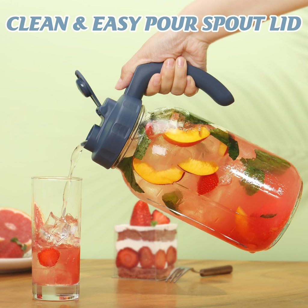 Glass Mason Jar Pitcher with Lid, Wide Mouth Flip Cap Pour Spout Leak-proof Lid with Handle, 64 oz (2 Quart / 1.9