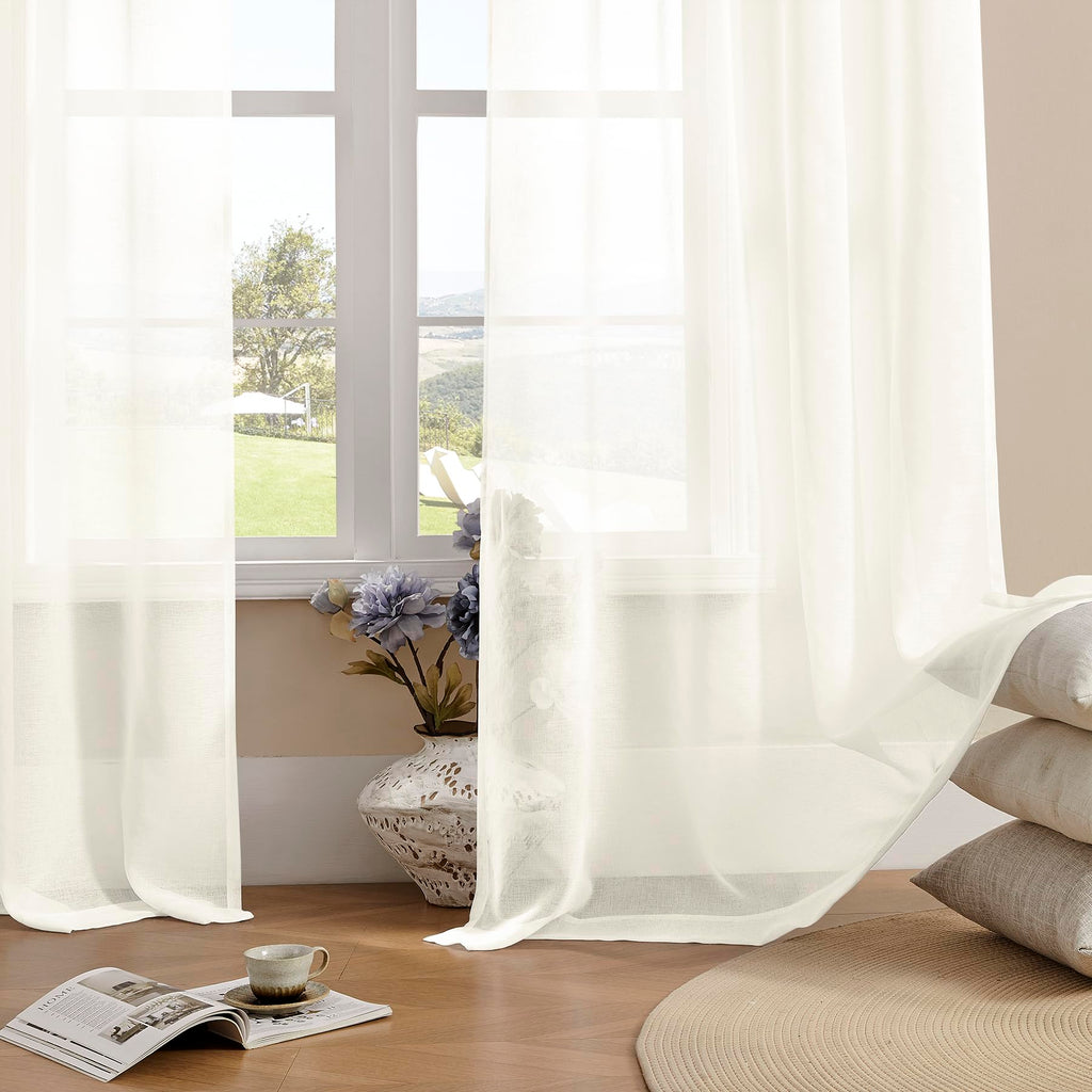 Extra Wide Sheer Curtains Ivory 84 Inches Long, Window Treatments Rod Pocket Drapes, 108 in Width Semi Sheer