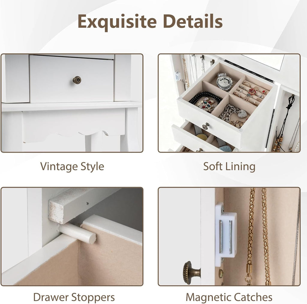 Standing Jewelry Armoire Cabinet with 4 Drawers, Flip Top Mirror, Top Storage Compartments, 2 Side Doors with 8