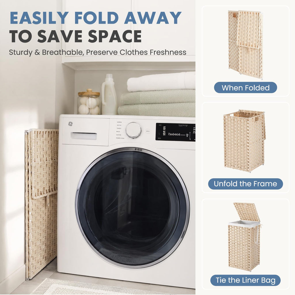 Laundry Basket with Lid, 65L Wicker Laundry Hampers, Summer Sand