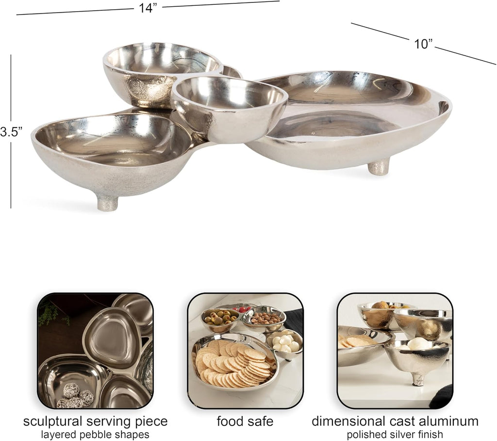 Cluso Modern Metal Tabletop Footed Cluster Tray, 14 x 10, Shiny Silver, Sculptural Cast Aluminum Food-Safe Tray Decor