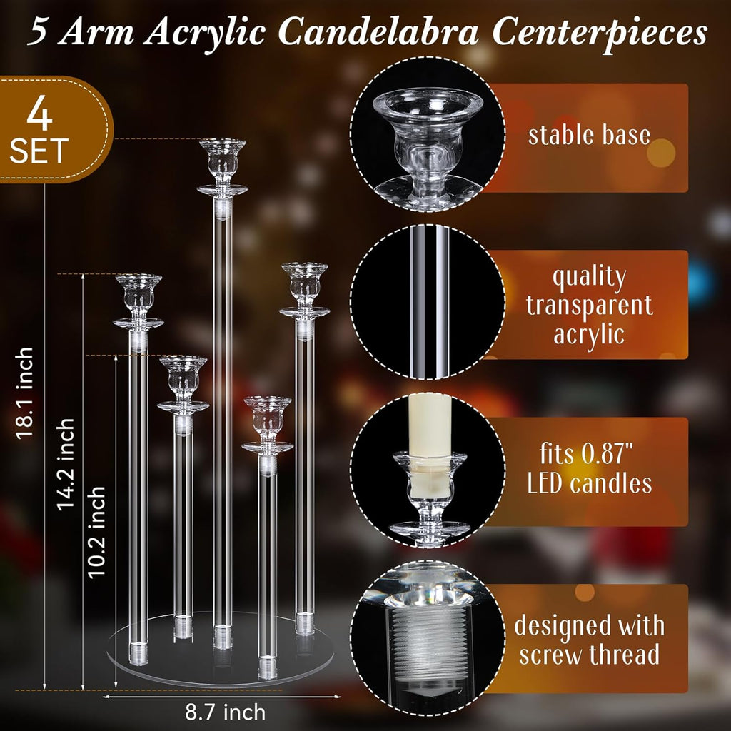 4 Sets Acrylic Candelabra Candle Holder 5 Arm Wedding Table Centerpiece 18.1" Tall Acrylic Clear Candle Holder with