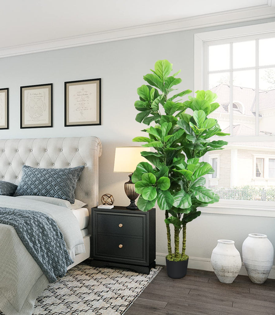6Ft Artificial Fiddle Leaf Fig Tree with Woven Seagrass Basket and Realistic Moss Tall Fake Plants Large Faux Tree