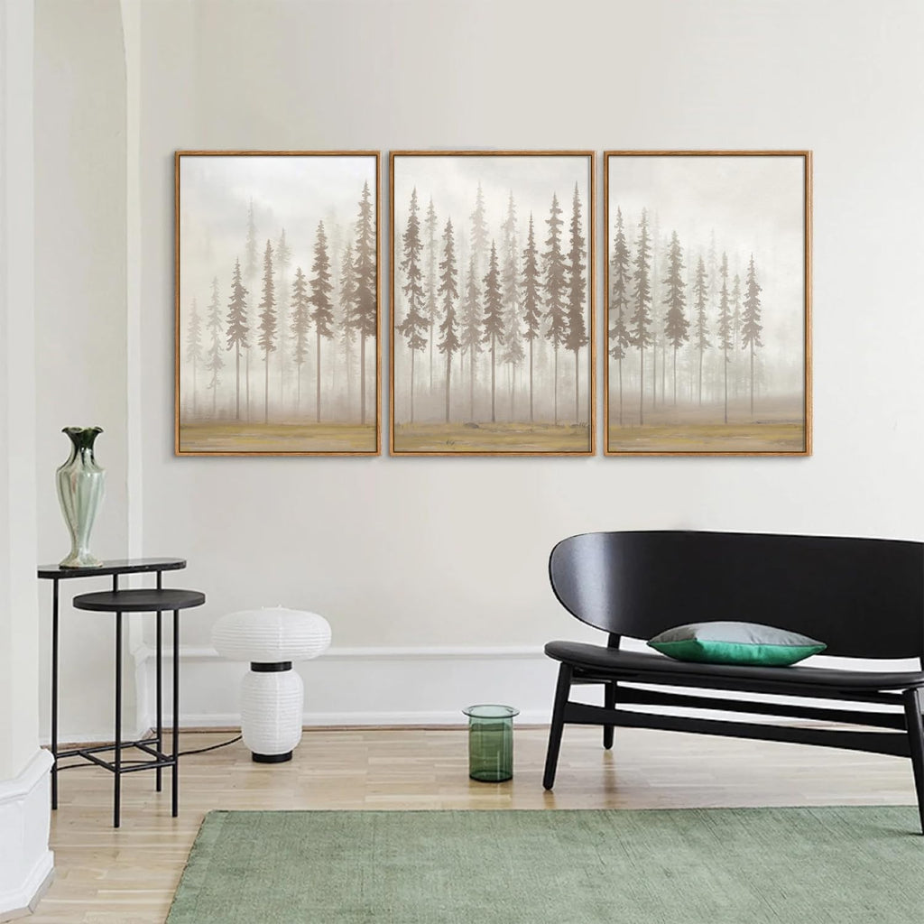 Large Pine Tree Framed Canvas Wall Art Set, Foggy Forest Landscape Wall Decor, Modern Beige Nature Artwork, Misty