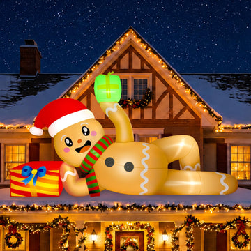 10 FT Christmas Inflatable Outdoor Decoration, Lying Gingerbread Inflatable Christmas Blow up Yard Decorations with