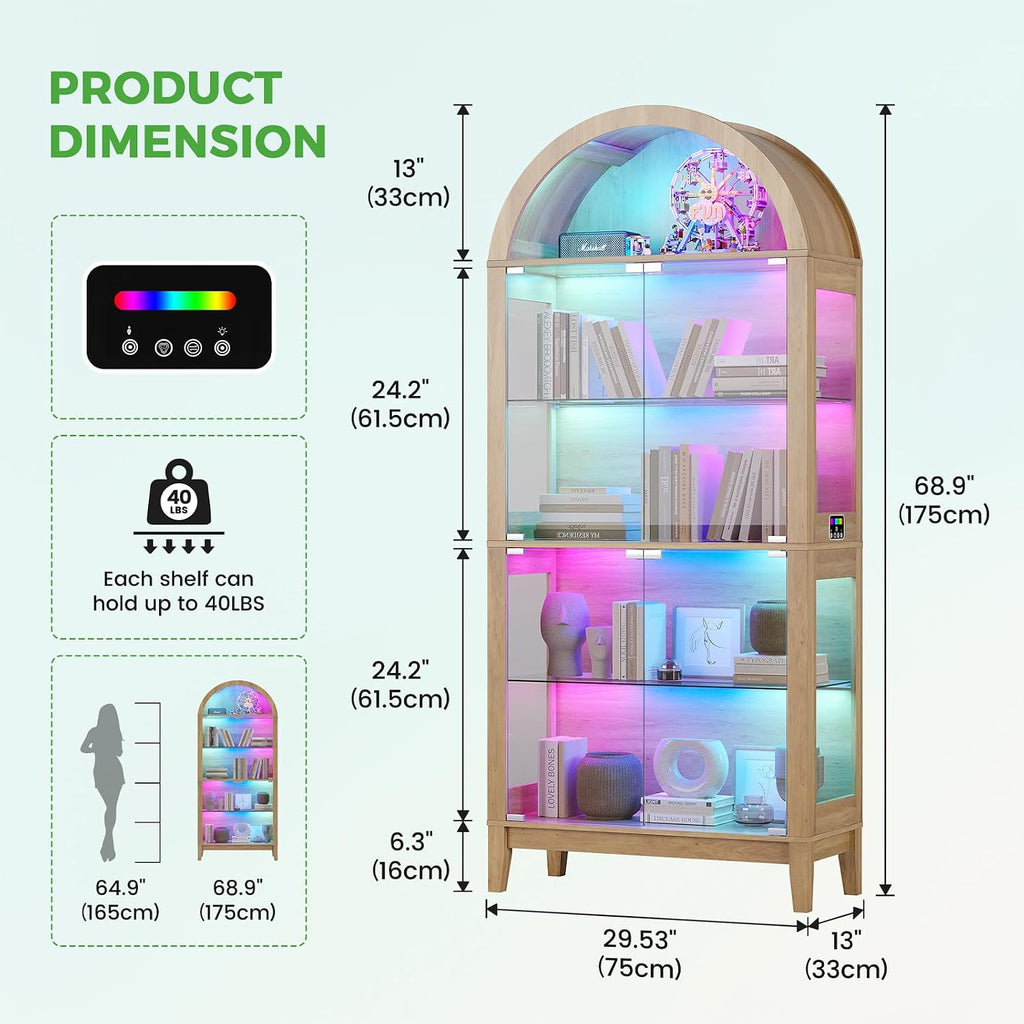 Arched Glass Display Cabinet with RGB Dimmable LED Lights, Natural | 5-Tier Bookshelf with Glass Doors, 69" Curio