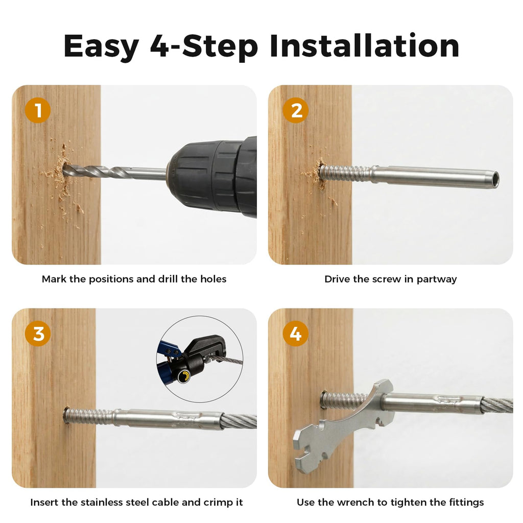 40 Pack 3/16" Stainless Steel Cable Railing kit for Wood Post
