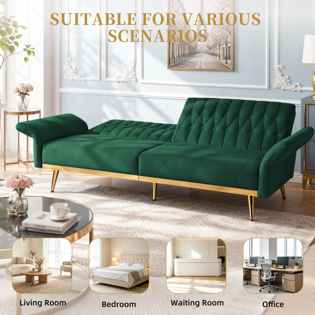 70" Futon Sofa Bed w/Adjustable Armrests, Green