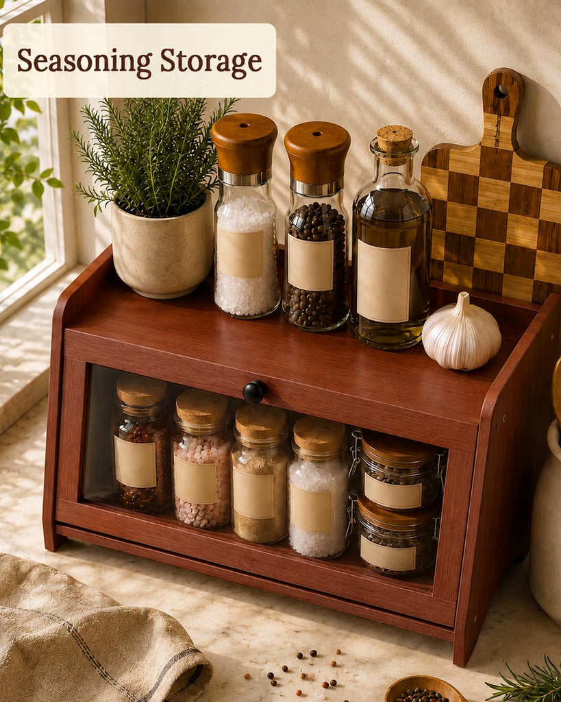 Bread Box - Countertop With Top Shelf For Fruit,1 Tier, Brown