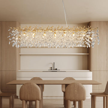 60" Modern Crystal Chandelier, 16-Light Gold Tree Branch Chandelier, Luxury Rectangular K9 Crystal Raindrop