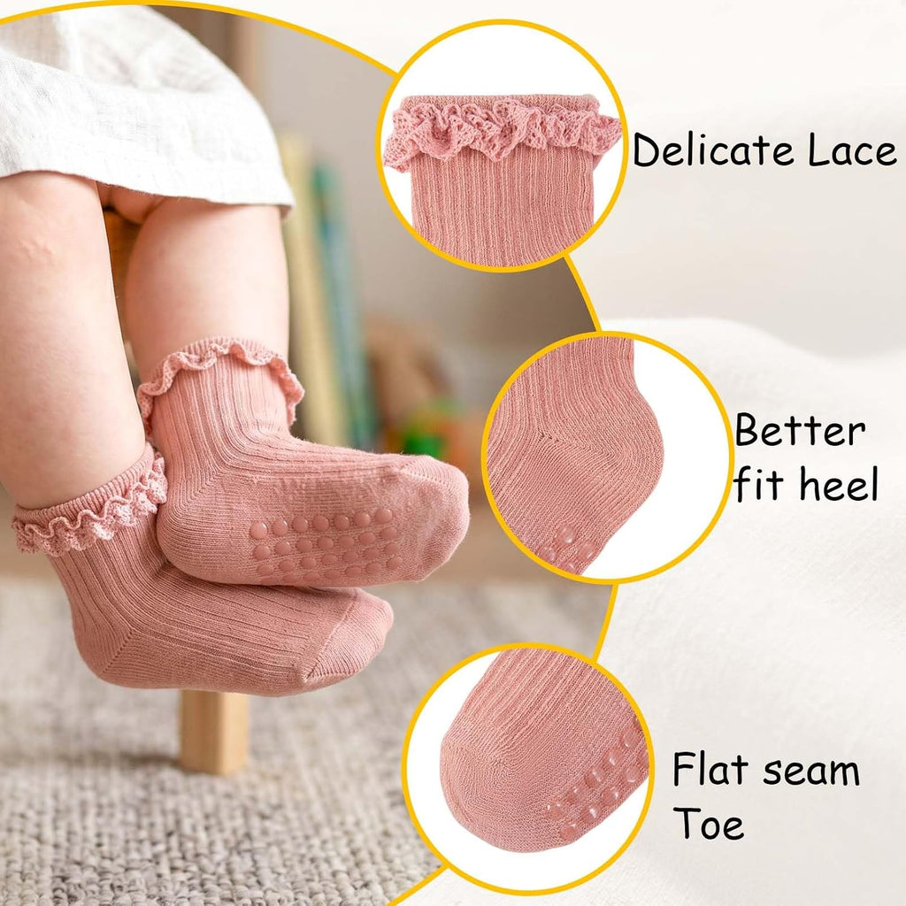 Baby Girl Ruffle Socks with Grips Soft Cotton Non Slip Ankle Socks