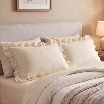 Ruffle Pillow Cases Set of 2, Beige Pillow Shams