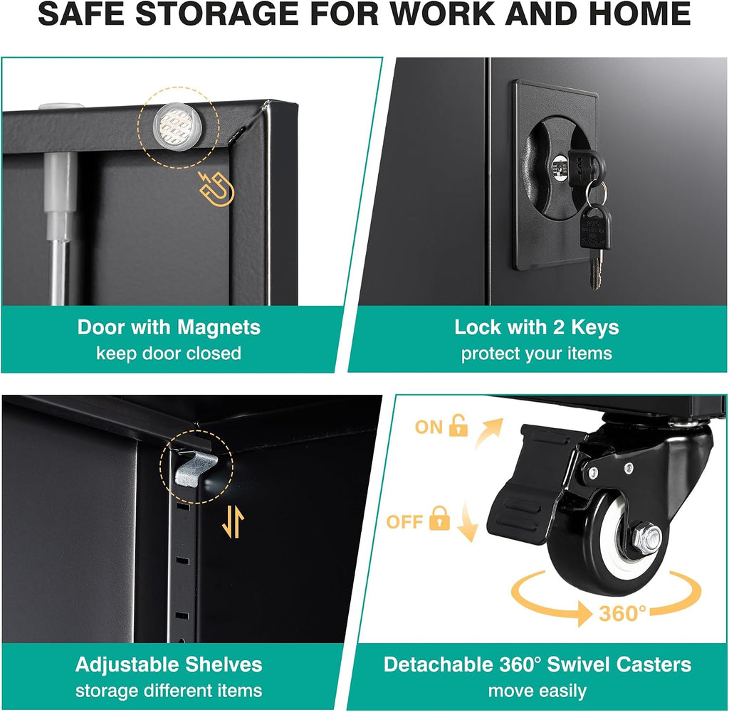 Metal Storage Cabinet with Wheels,75 inch Tall Rolling Garage Storage Cabinet with Lock,Black Metal Cabinets with