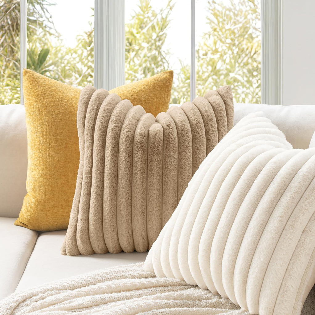 Faux Fur Decorative Throw Pillow Covers 20x20 Set of 2 Cream White
