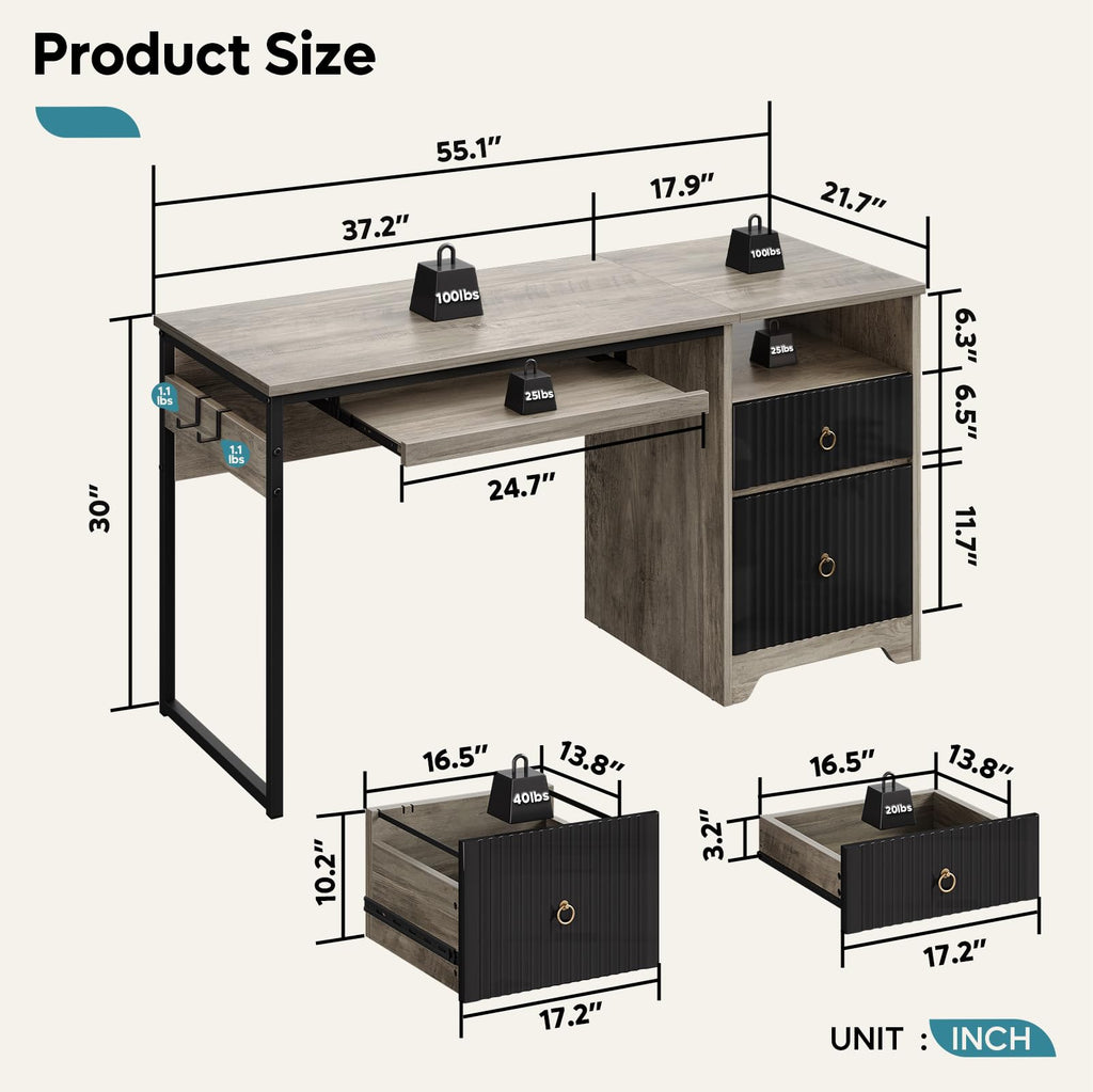 55Inch Modern Fluted Desk with Drawers & Keyboard Tray, Grey