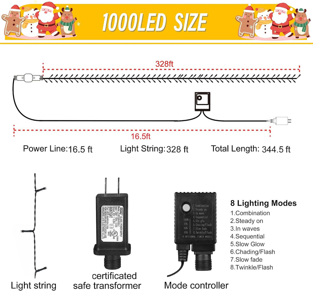 328 FT 1000 LED Christmas Lights, 8 Lighting Modes with Remote & Timer Christmas Tree Lights, Waterproof for Outdoor