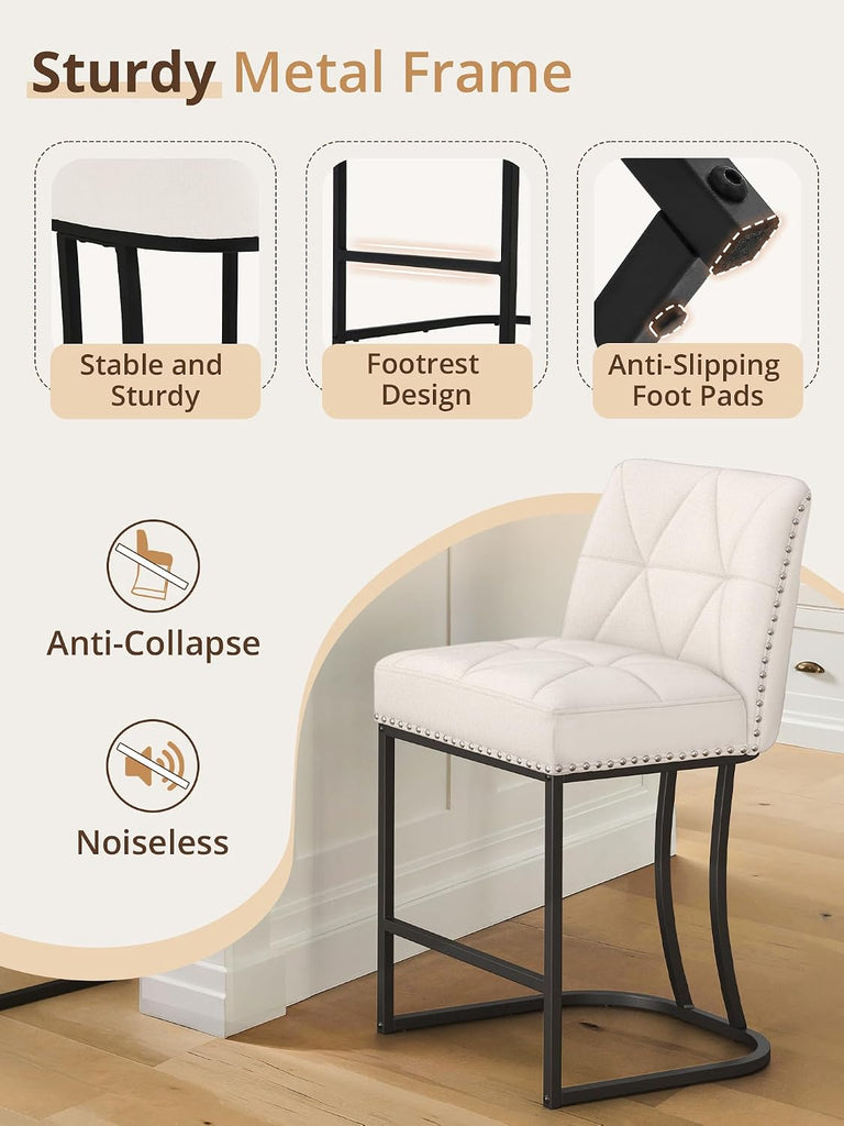24" Bar Stools Set, Counter Height Bar Stools with 5.5" Thick Cushion, Upholstered Leather Barstools with Metal