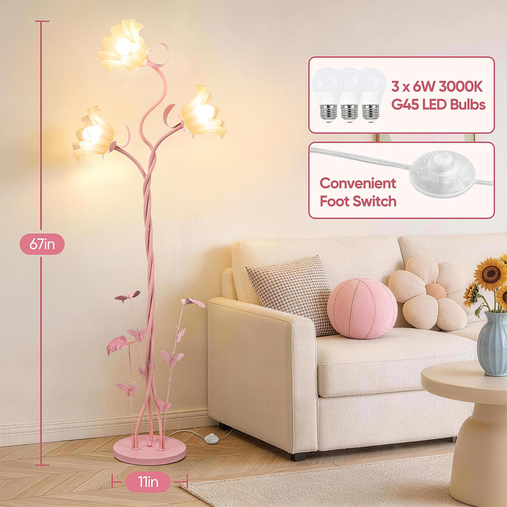 Flower Floor Lamp, 3-Head Whimsical Pink Floor Lamp with Flexible Gooseneck, 67'' Tall Retro Floral Standing Lamp