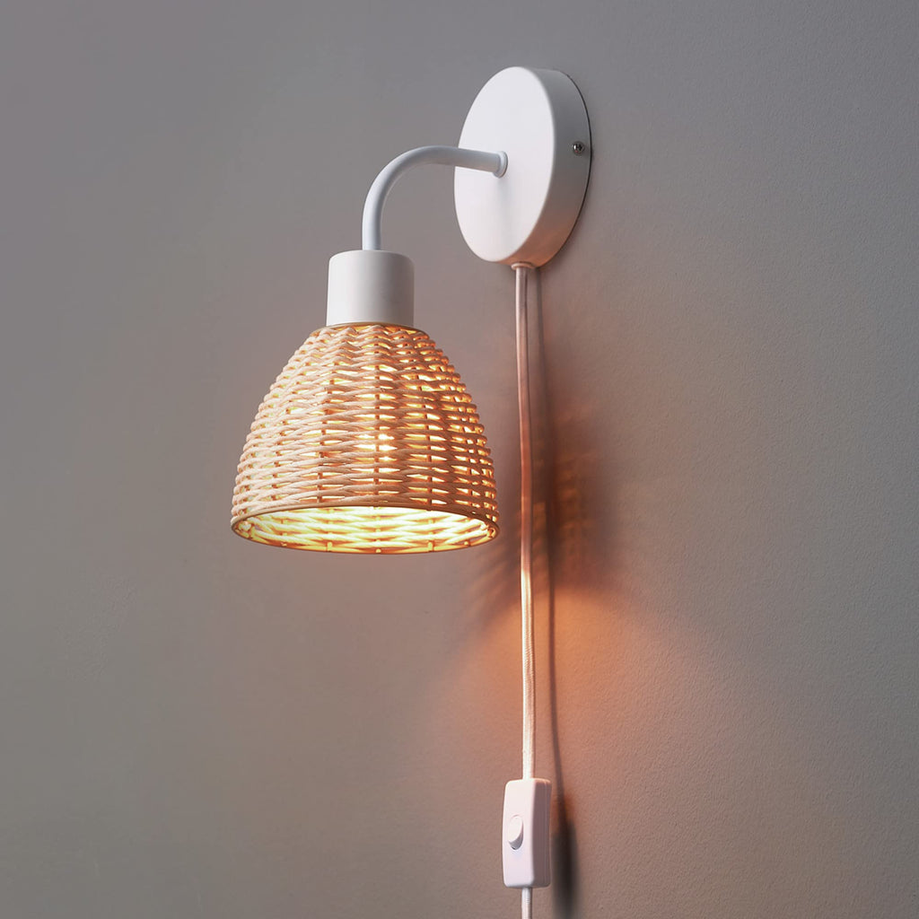 Briar 1-Light Plug-in or Hardwire Wall Sconce, Matte White, Rattan Shade, 6ft White Braided Fabric Designer Cord
