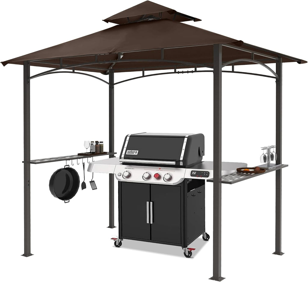 8 x 5 Grill Gazebo Outdoor BBQ Gazebo Canopy with 2 LED Lights (Brown)
