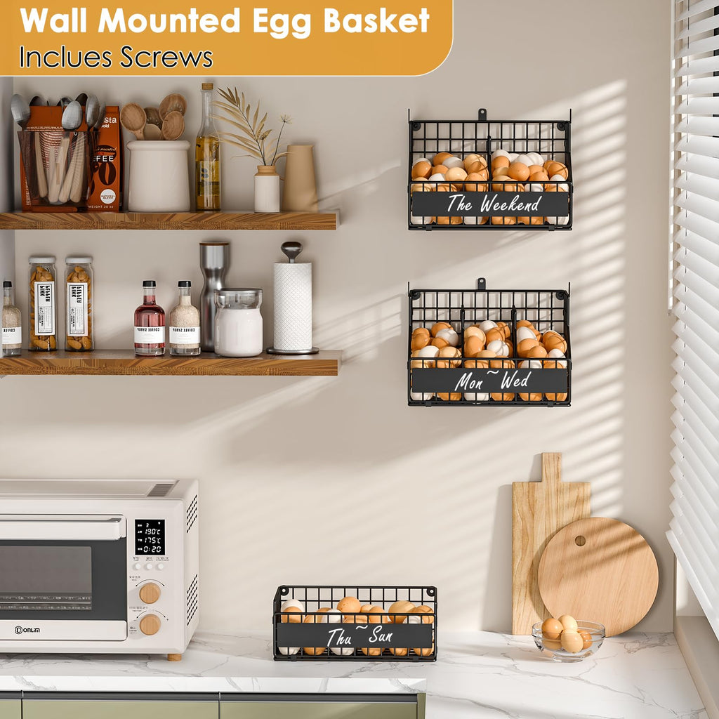 3-Tier Egg Holder Countertop with Labels & Marker, Stackable Wire Basket