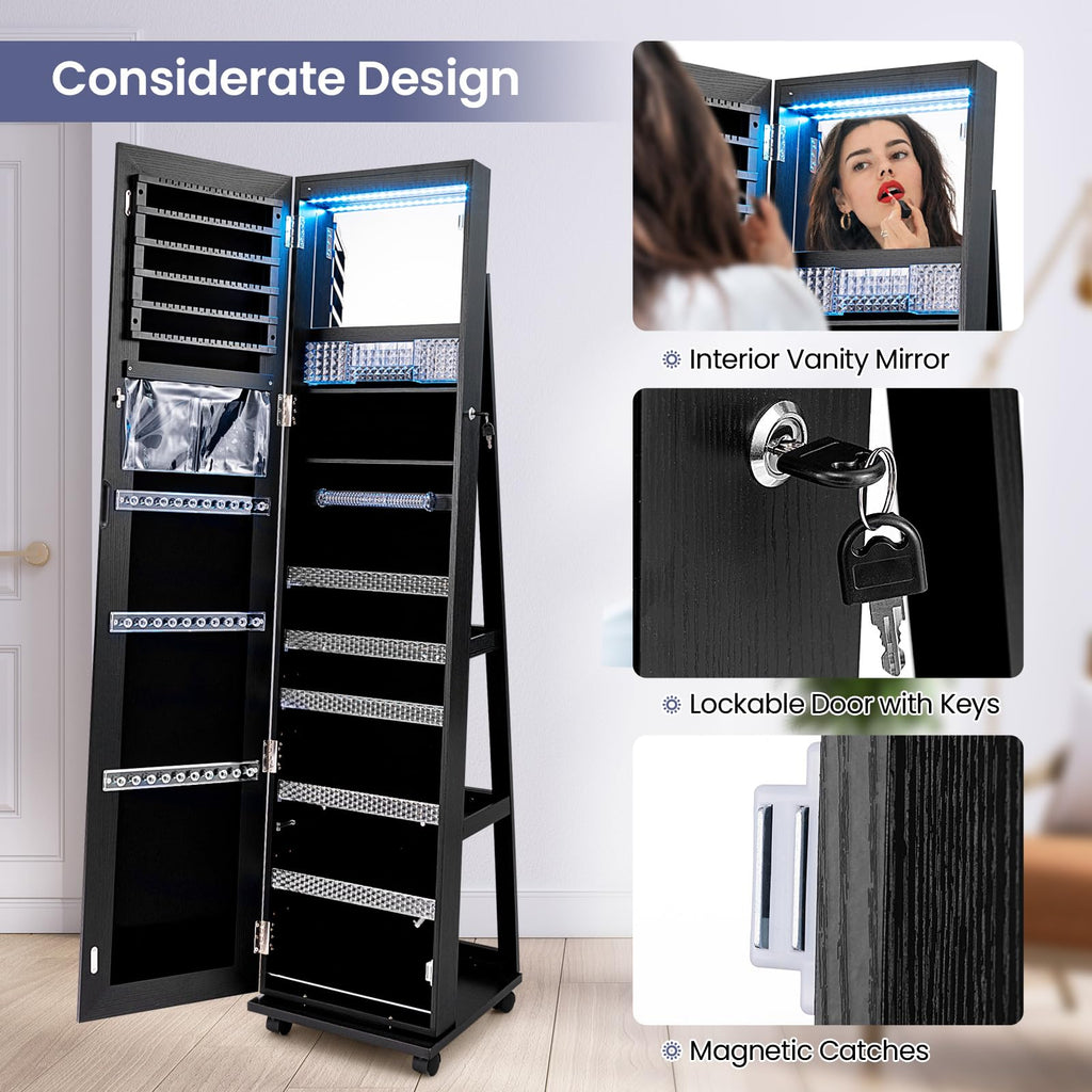360° Rotating Jewelry Organizer, Lockable Jewelry Armoire (Black)