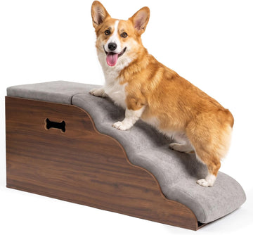 Dog Stairs for Bed Couch with Storage, 4-Step Wooden Dog Ramp 17''H
